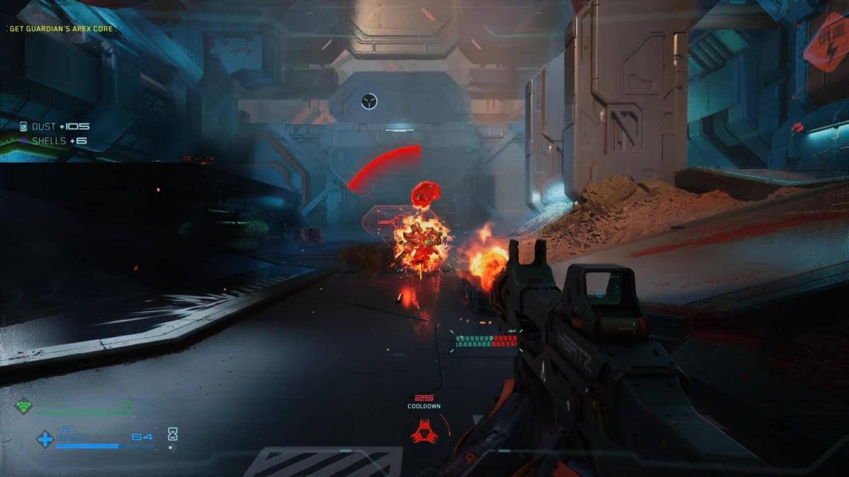 The player shooting at an enemy in Metal Eden