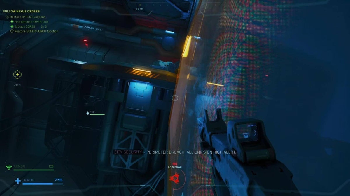 The player running along a wall in Metal Eden